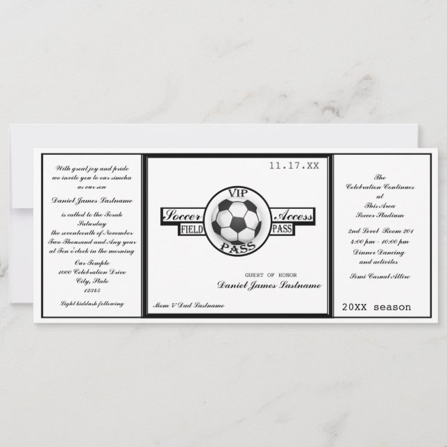 Invitation Vintage Soccer Field Pass Noir et Blanc (Devant)