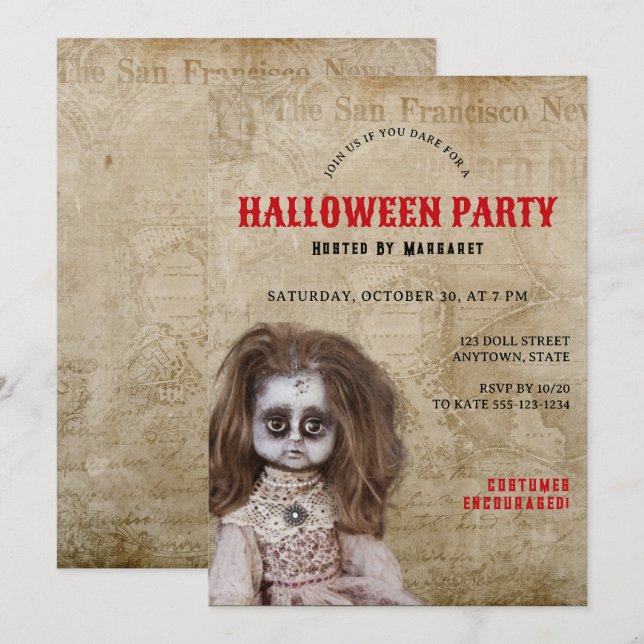 Invitation Vintage soirée costumée Halloween poupée Déplaisan (Devant / Derrière)