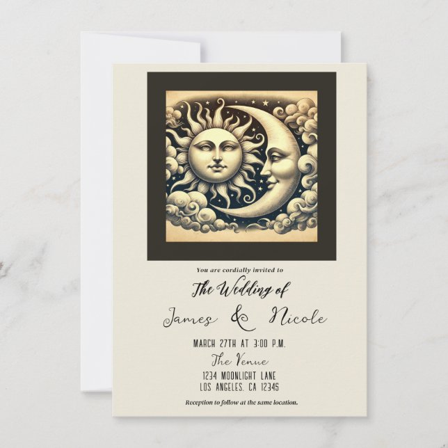 Invitation Vintage Soleil céleste et Mariage de lune (Devant)