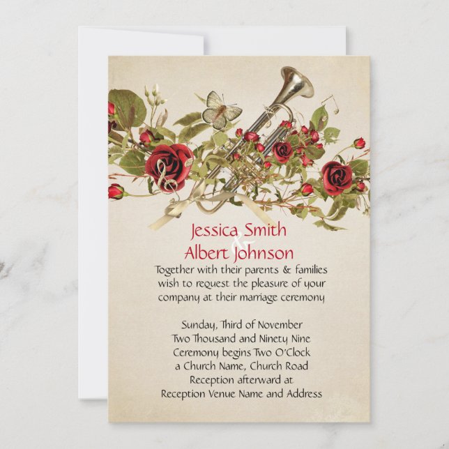 Invitation Vintage Spring Red Roses Musique Mariage Invitatio (Devant)