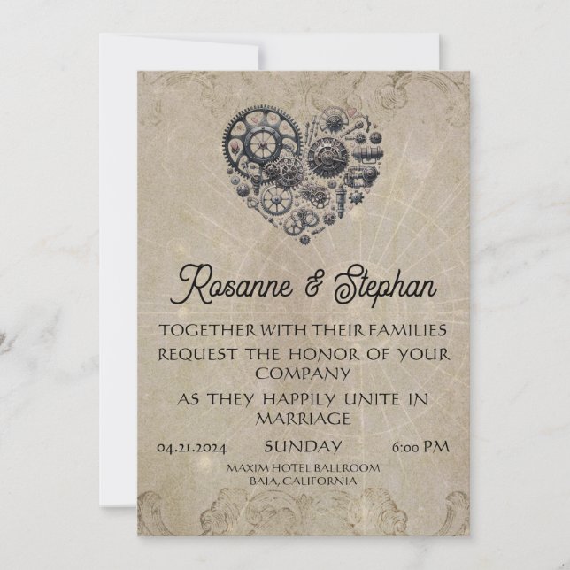 Invitation Vintage Steampunk Coeur des engrenages Mariage (Devant)