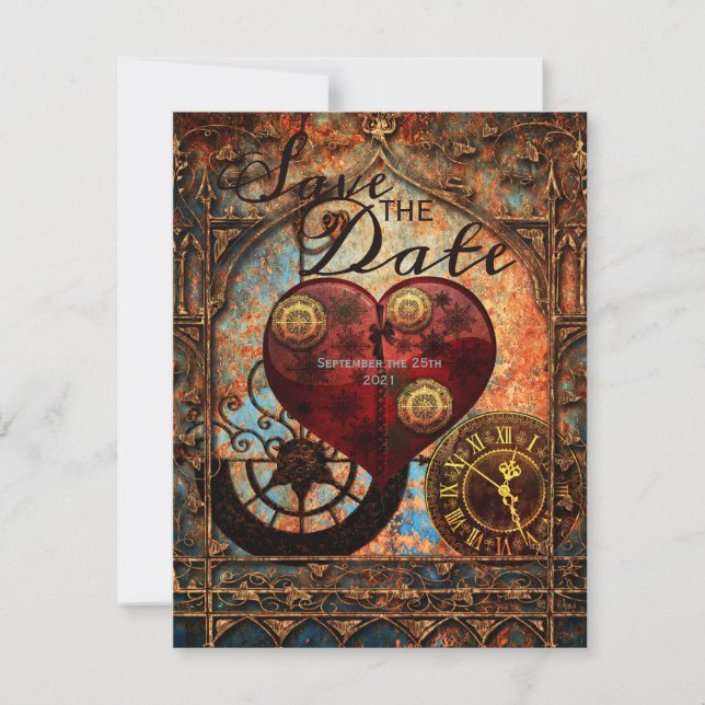 Invitation Vintage Steampunk Cœurs Engrenages Mariage Date de (Devant)