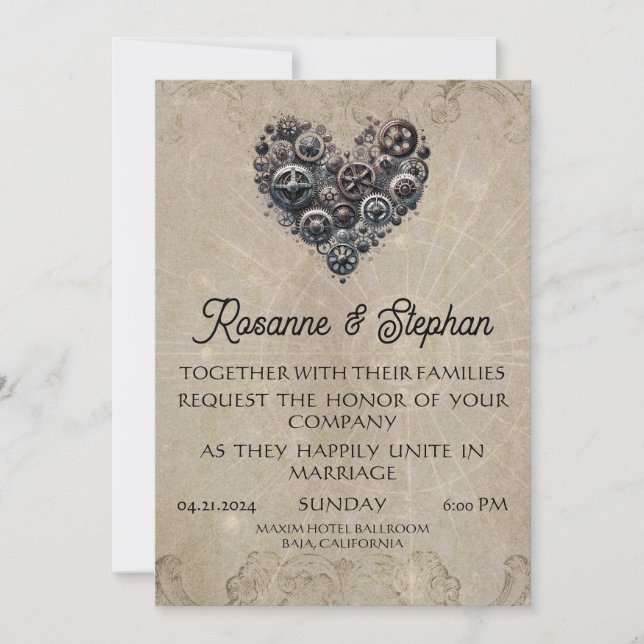 Invitation Vintage Steampunk Retro Heart of Gears Mariage (Devant)