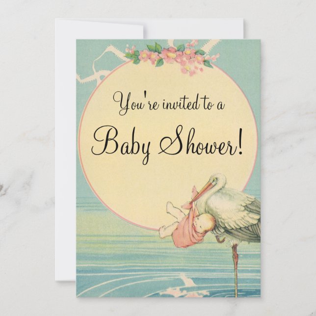 Invitation Vintage Stork Baby Girl Blanket Baby shower rose (Devant)