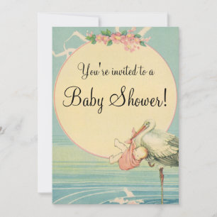 Invitation Vintage Stork Baby Girl Blanket Baby shower rose
