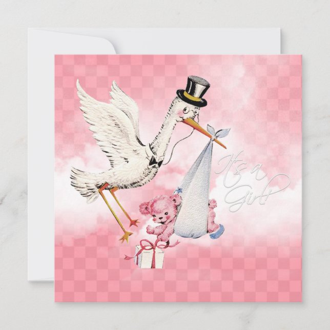 Invitation Vintage Stork Baby Girl Douche (Devant)