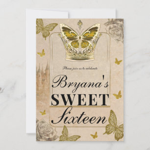 Invitation Vintage Storybook Castle Gold Butterfly Sweet 16
