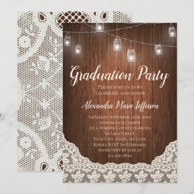 Invitation Vintage String Lights Mason Jar Graduation Party (Devant / Derrière)