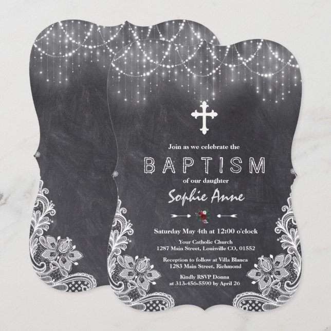 Invitation Vintage String Lights Snowflakes Chalk Baptiser (Devant / Derrière)