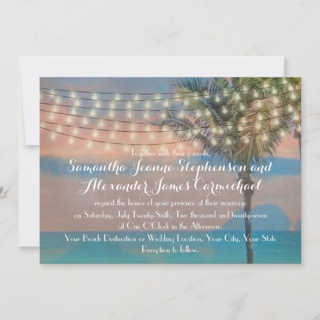 Invitation Vintage String Lights Sunset Beach Wedding (Devant)