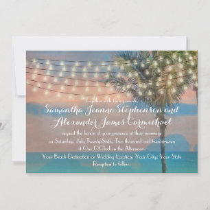 Invitation Vintage String Lights Sunset Beach Wedding