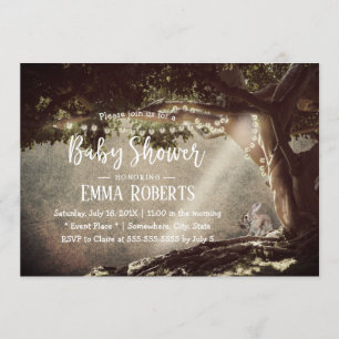 Invitation Vintage String Lights Tree Cute Bunny Baby shower