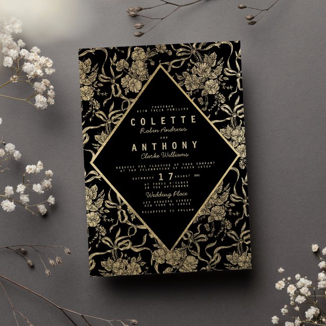 Invitation Vintage style noir arc-en-mariage fleuri (Vintage style black gold bow floral wedding )