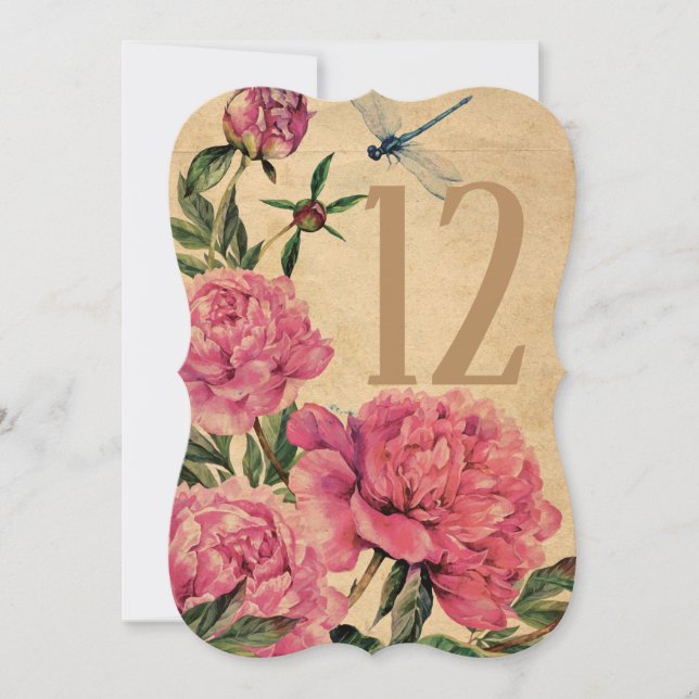 Invitation Vintage Style Peony & Dragonfly Tableau Numéro Car (Devant)