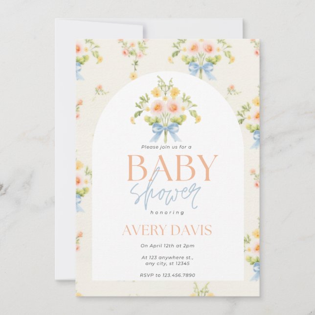 Invitation vintage sur le Baby shower floral (Devant)