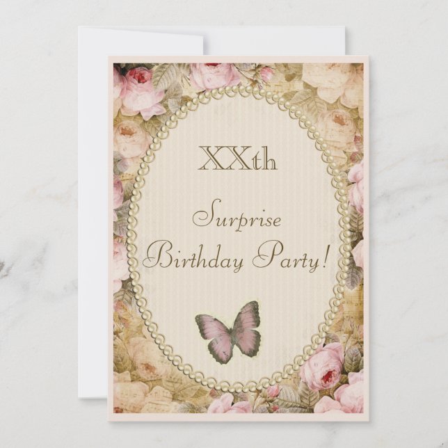 Invitation Vintage Surprise Birthday Rose Butterfly, Musique (Devant)