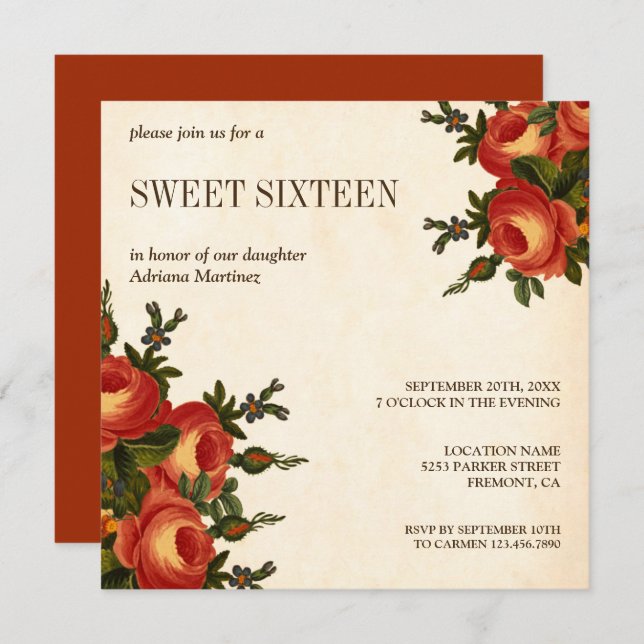 Invitation Vintage Sweet sixteen Floral Orange Rustique (Devant / Derrière)