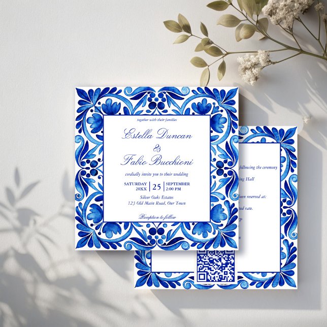 Invitation Vintage Talavera Azulejo carreaux bleu mariage (Vintage Talavera Azul blue tiles Mexican wedding Invitation cards with RSVP editable template)