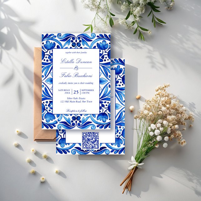 Invitation Vintage Talavera Azulejo carreaux bleu mariage (Vintage Talavera Azulejo blue tiles Mexican wedding Invitations with RSVP editable template )