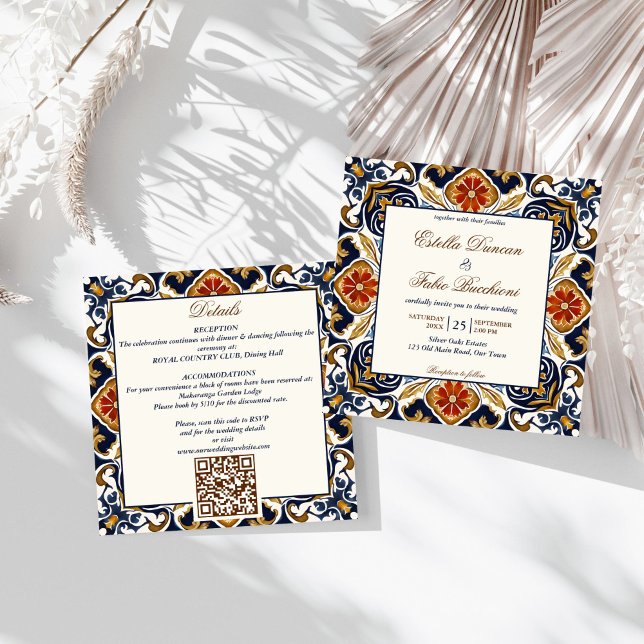 Invitation Vintage Talavera Azulejo carreaux bleu mariage (Vintage Talavera Azulejo Mediterranean blue tiles all in one wedding Invitation template digital)