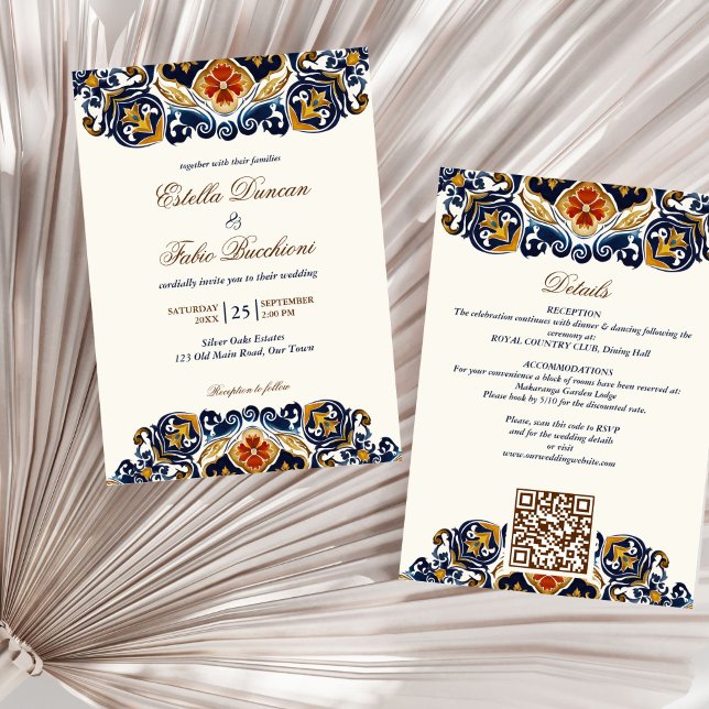 Invitation Vintage Talavera Azulejo carreaux bleu mariage (Vintage Talavera Azulejo blue tiles Mediterranean Spanish Mexican all in one wedding Invitation)