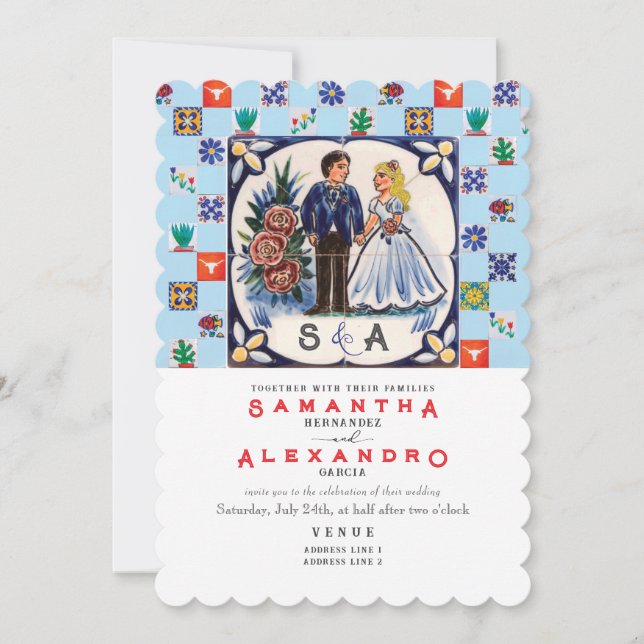 Invitation Vintage Talavera Unique B Mexican Tiles Wedding (Devant)