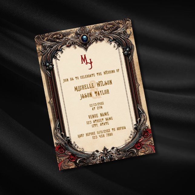 Invitation Vintage Tarot gothique médiéval Monogramme d'or (medieval bronze frame on the beige background, wedding invitation)
