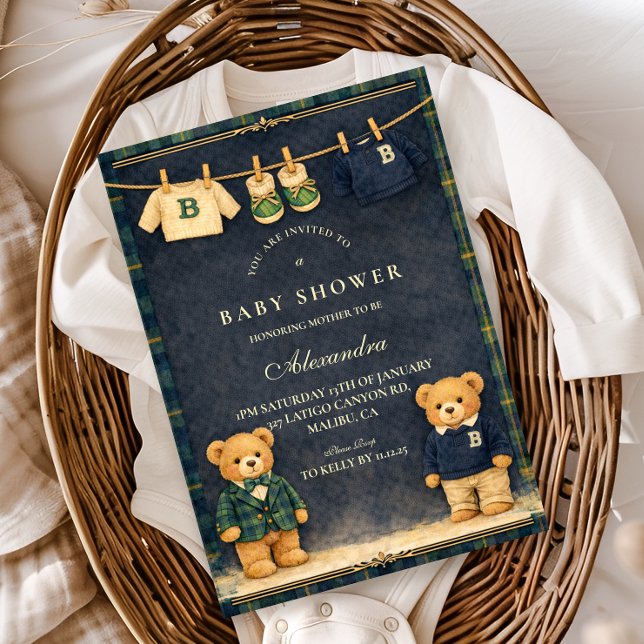 Invitation Vintage Teddy Bear Preppy Baby Shower (Créateur téléchargé)