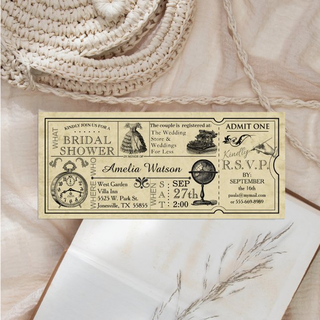 Invitation vintage Ticket de douche nuptiale (Vintage illustrations and typography ticket bridal shower invitation )
