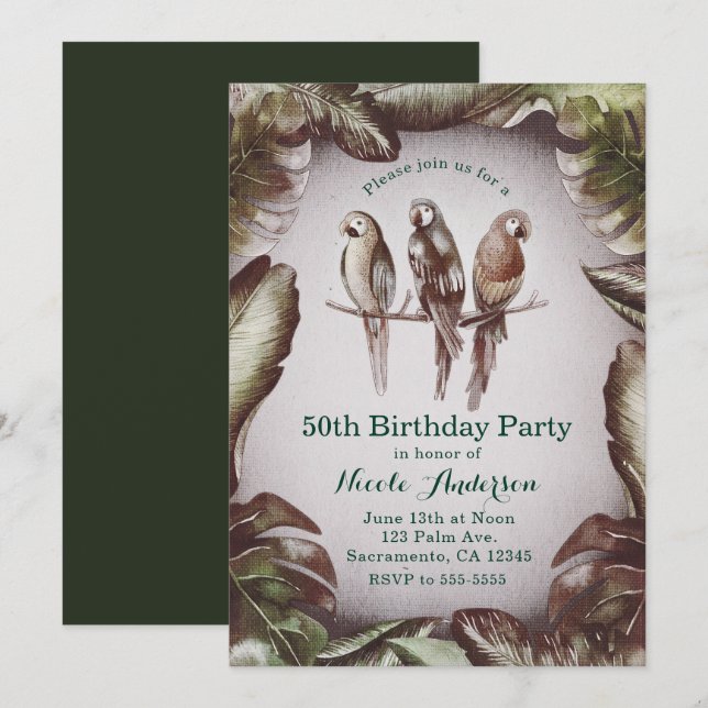 Invitation Vintage Tiki Birds Parrots & Feuilles (Devant / Derrière)