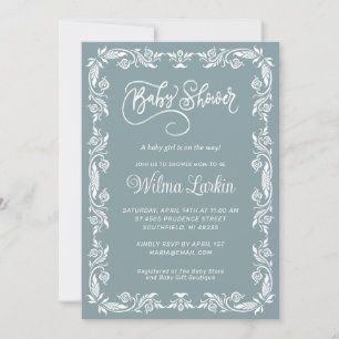 Invitation Vintage Timeless Floral Frame Baby shower bleu
