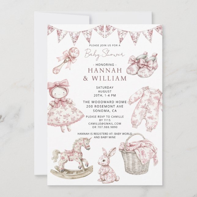 Invitation  Vintage Toile Nursery Baby Girl Shower (Devant)
