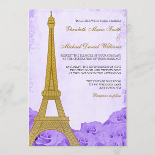 Invitation Vintage Tour Eiffel Tour Rose violet Mariage