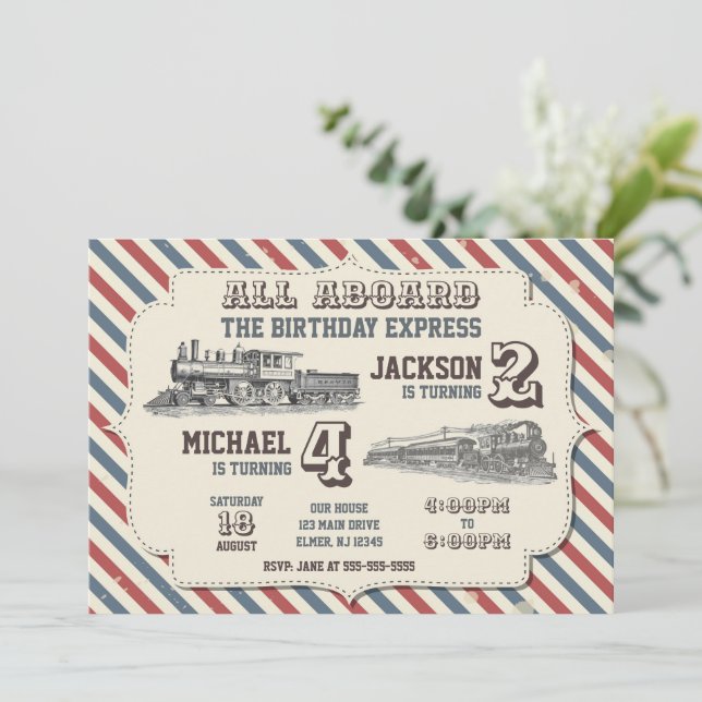 Invitation Vintage Train Joint Birthday (Debout devant)