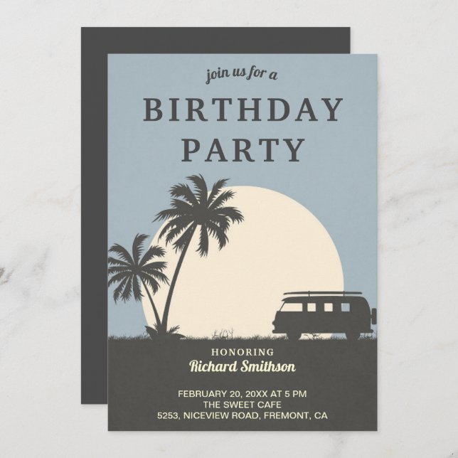 Invitation Vintage Tropical Van Beach Thème Anniversaire (Devant / Derrière)