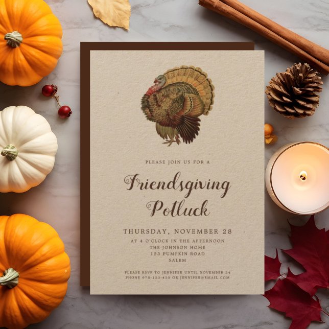 Invitation Vintage Turquie Thanksgiving Potluck (Vintage Turkey Thanksgiving Potluck Invitation)
