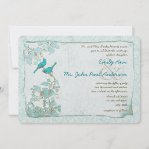 Invitation Vintage Turquoise Aqua Blue Birds Mariage damassé