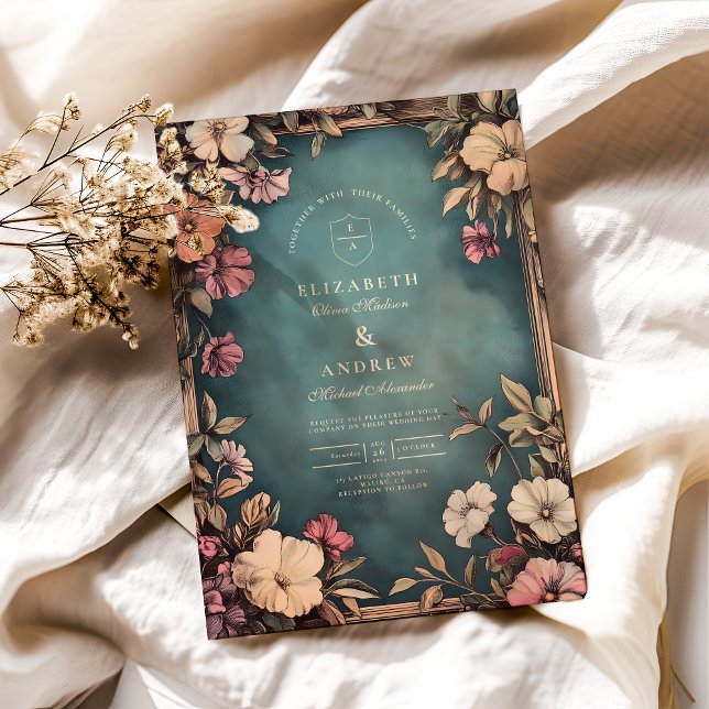 Invitation Vintage Turquoise Botanique Art Nouveau Mariage (Créateur téléchargé)