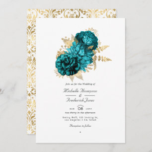 Invitation Vintage Turquoise et or Floral QR Code Mariage