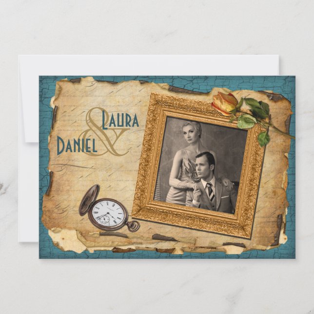 Invitation Vintage Turquoise, Gold Frame Photo Wedding Invita (Devant)