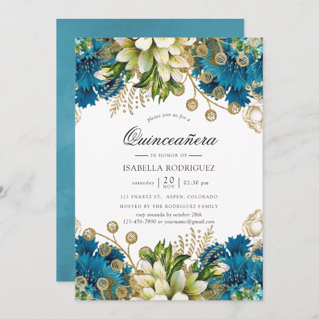 Invitation Vintage Turquoise & Gold Shabby Floral Quinceañera (Devant / Derrière)