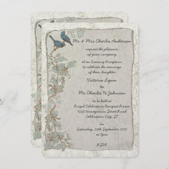 Invitation Vintage Turquoise Oiseaux Damask Soirée Réception (Devant / Derrière)