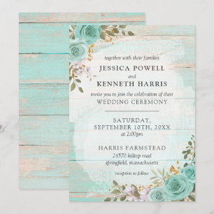 Invitation Vintage Turquoise Rustique Bois Floral Rose Mariag