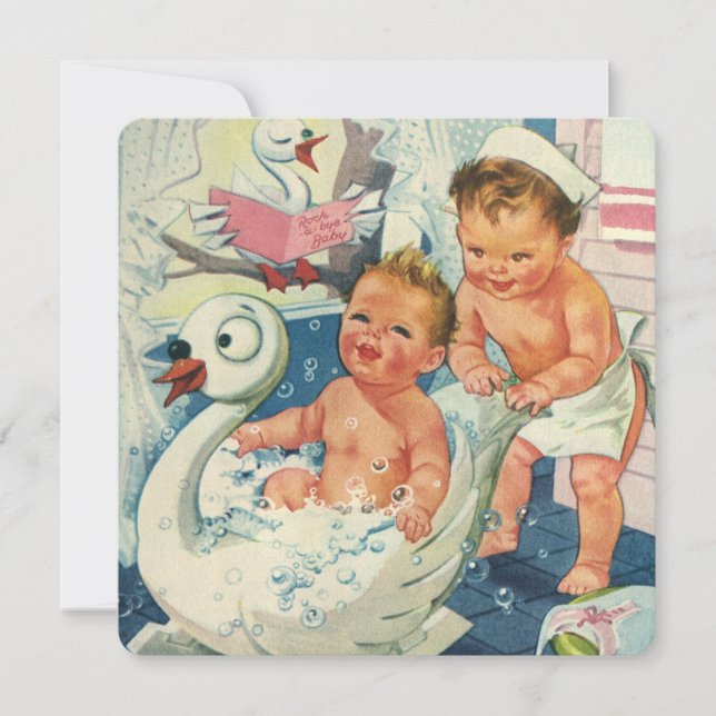 Invitation Vintage Twin Swan Bubble Bain fête d'anniversaire (Devant)