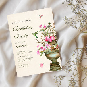 Invitation Vintage vase de fleurs bouquet jardin anniversaire