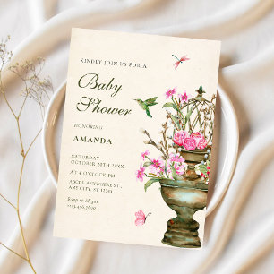 Invitation Vintage vase de fleurs bouquet jardin baby shower