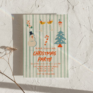 Invitation Vintage Vert Illustré fête de Noël rayé