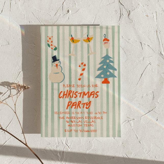 Invitation Vintage Vert Illustré fête de Noël rayé (Créateur téléchargé)