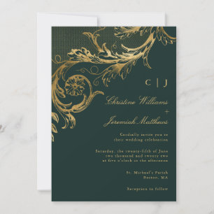 Invitation Vintage Vert or Floral Damask Monogramme Mariage