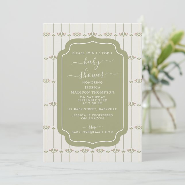 Invitation Vintage Victorian Botanical Stripes Baby Shower (Debout devant)